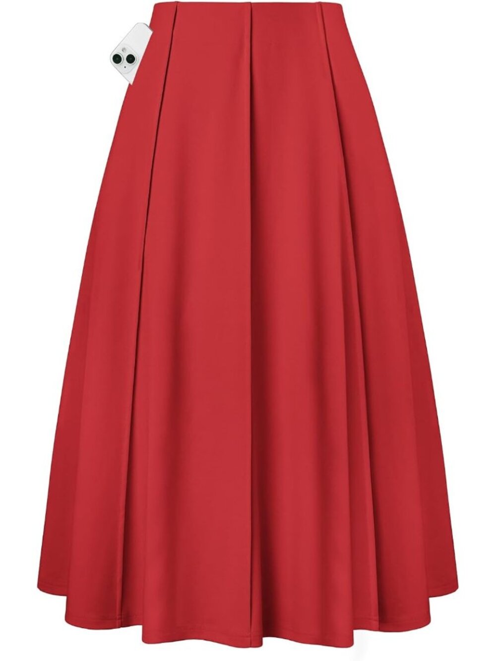 Women's Red Panel-pleated High-waisted Deep Side Pockets A Line Flowy Skirt